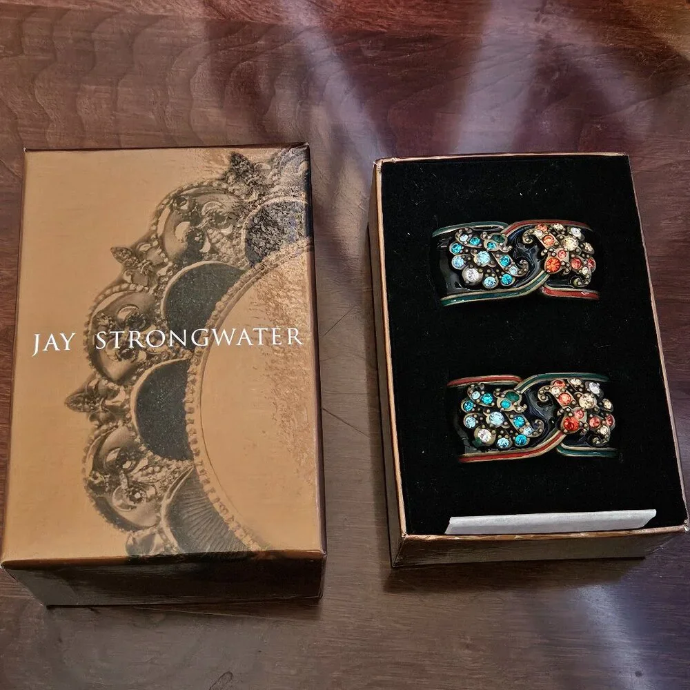 2 VINTAGE JAY STRONGWATER ART DECO CHINOISERIE SCROLL CRYSTAL ENAMEL NAPKIN RING